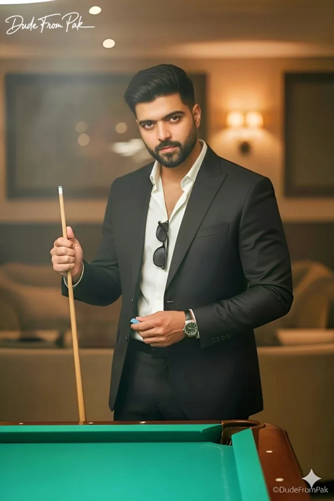 Pakistani man chalking cue stick in luxury lounge