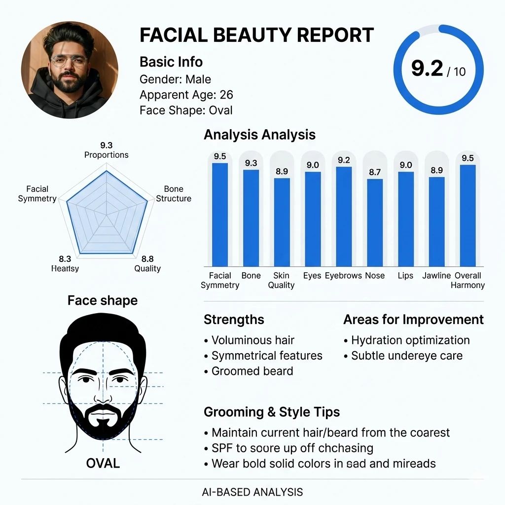 AI facial beauty report generated from portrait photo